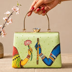 Printed Krishna Lotus Embellished Handle Clutch