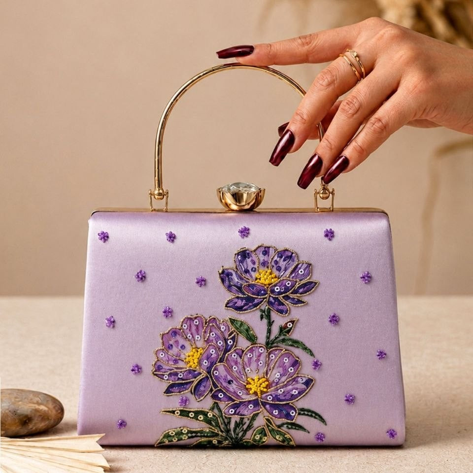 Printed Lilac Floral Embellished Handle Clutch