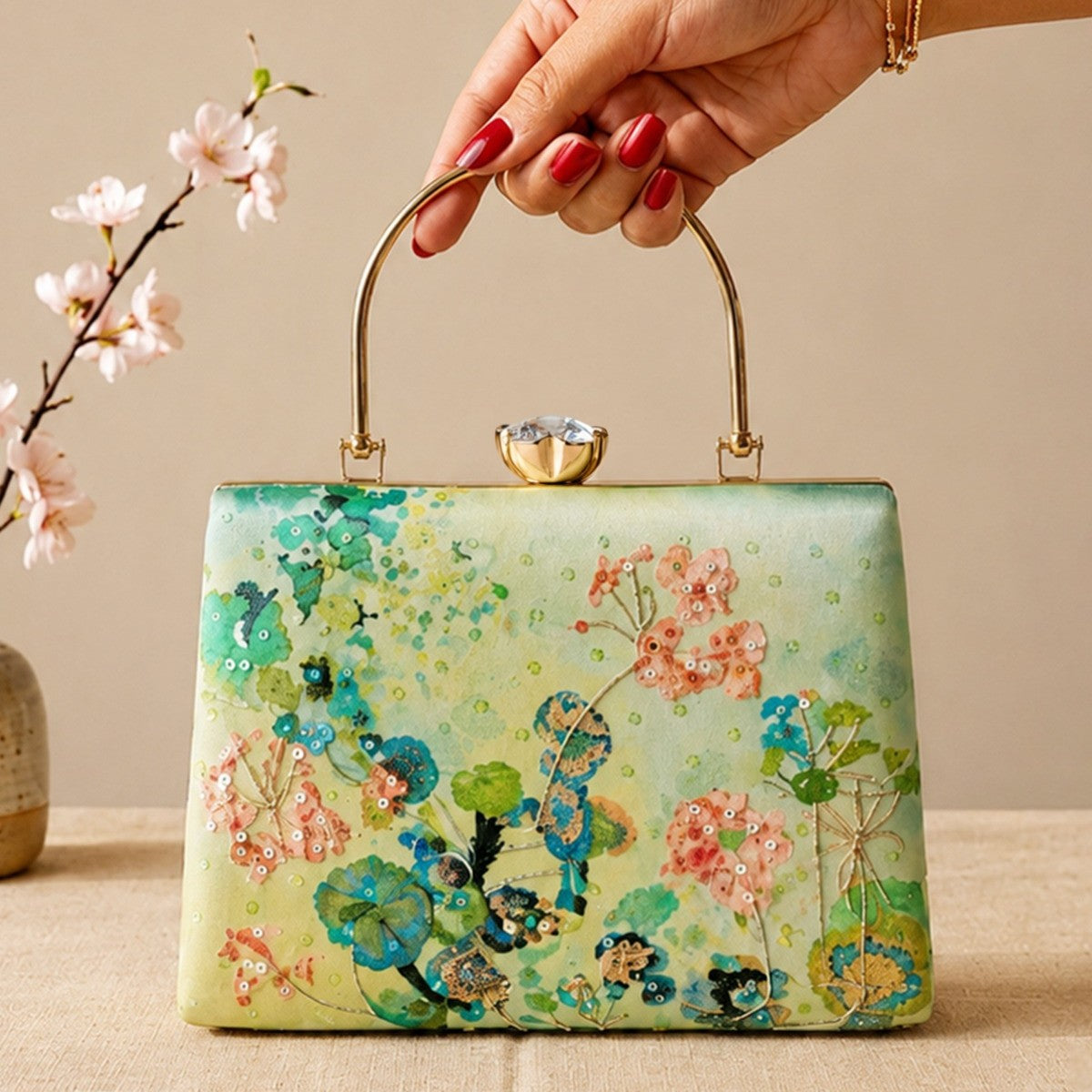 Printed Meadow Bloom Embellished Handle Clutch