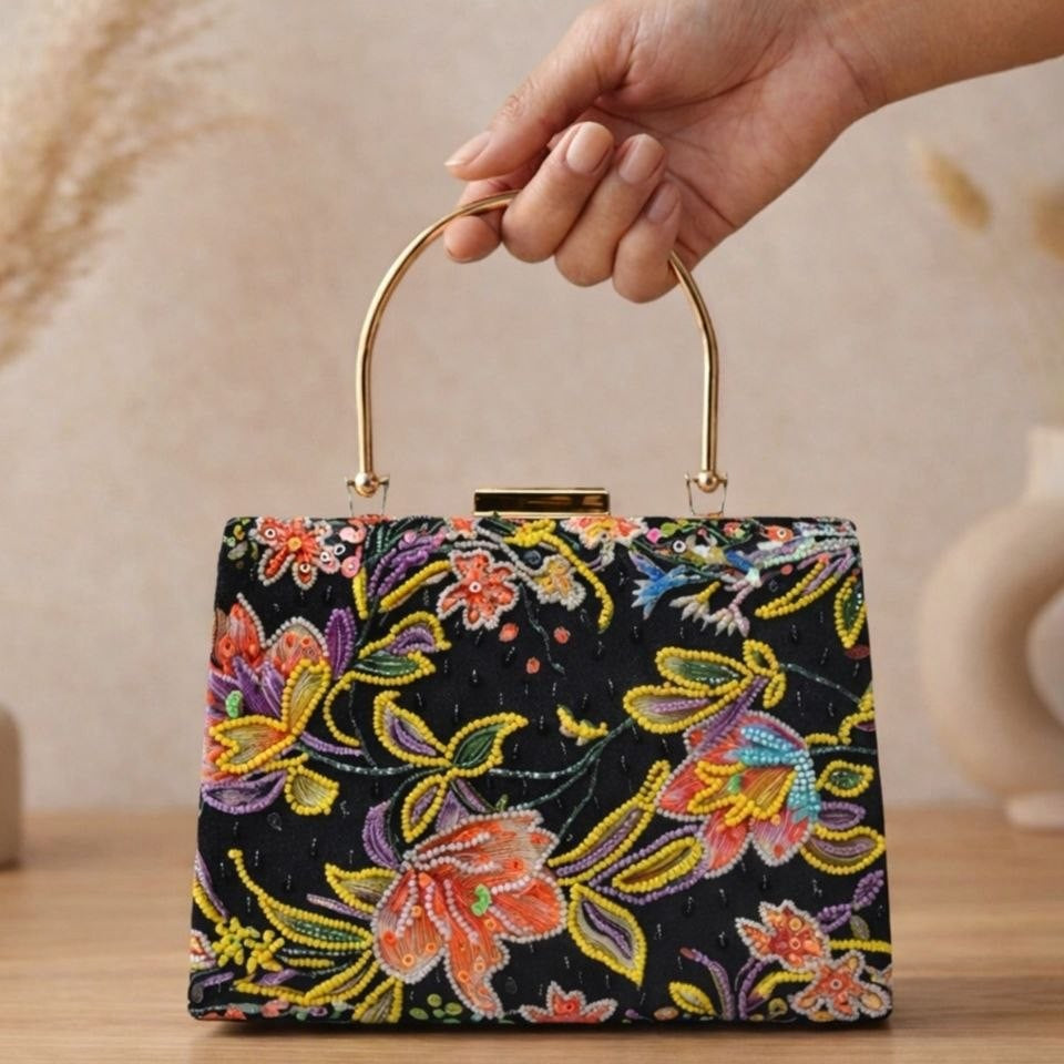 Printed Midnight Floral Embellished Handle Clutch