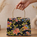 Printed Midnight Floral Embellished Handle Clutch