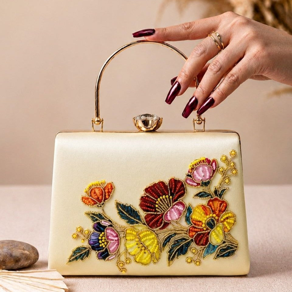 Printed Multicolor Floral Embellished Handle Clutch