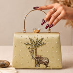 Printed Palm Elephant Embellished Handle Clutch