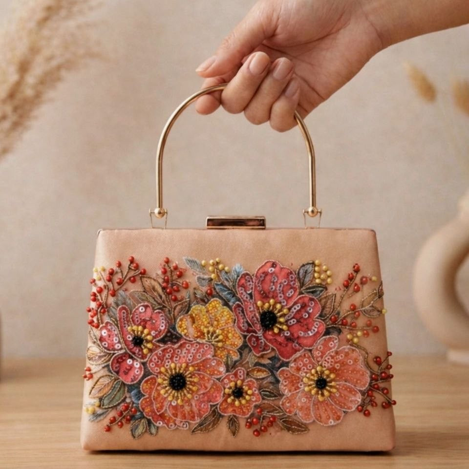 Printed Peach Blossom Embellished Handle Clutch