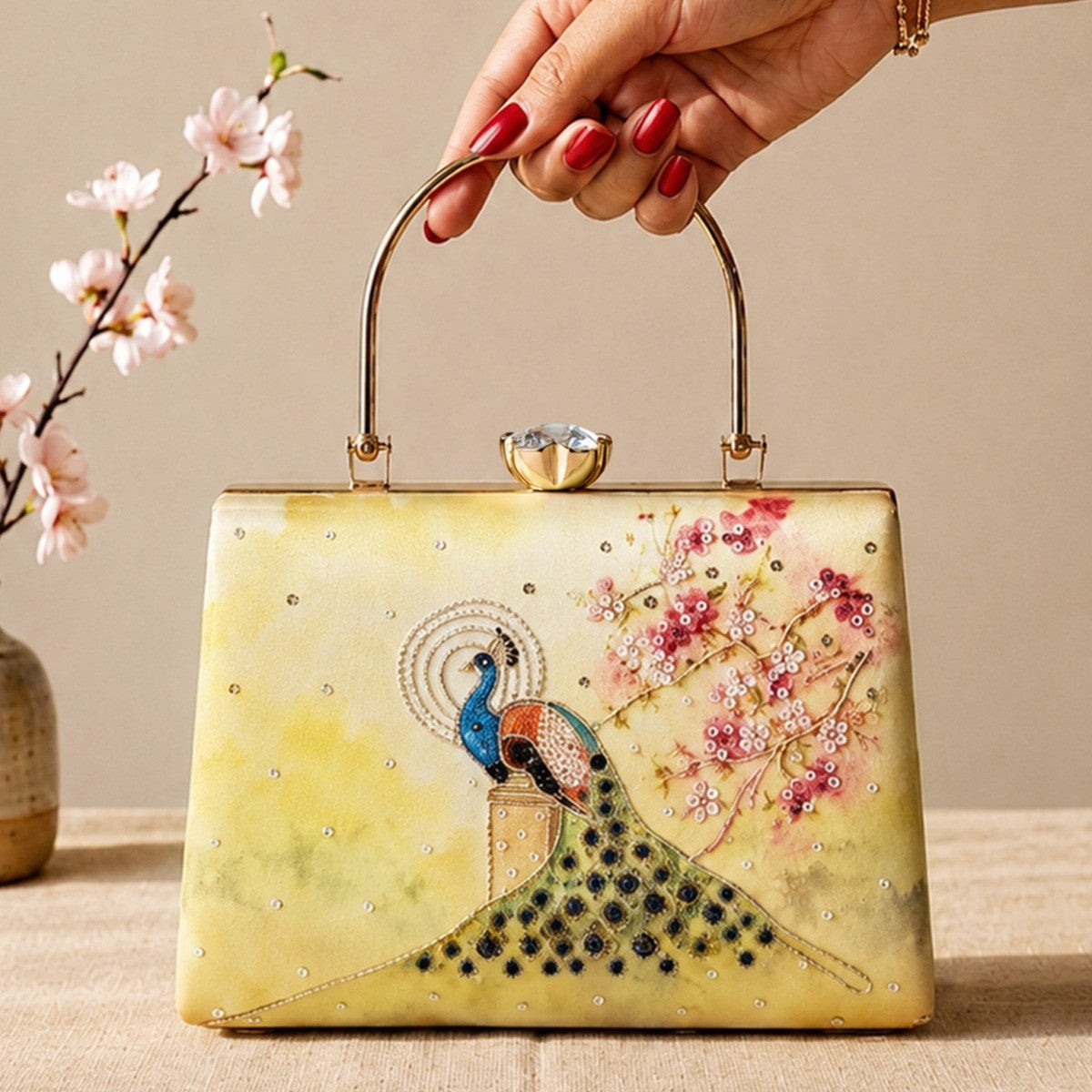 Printed Peacock Embellished Handle Clutch