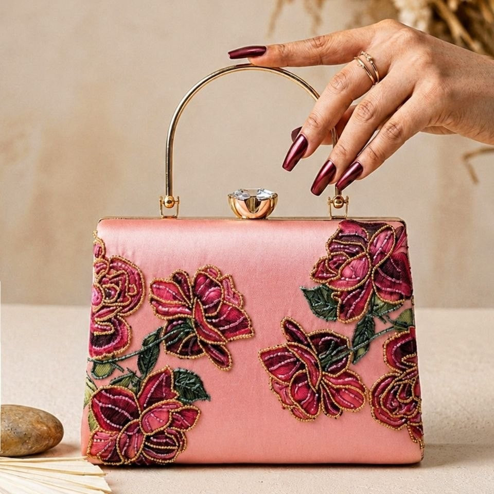 Printed Pink Blossom Embellished Handle Clutch