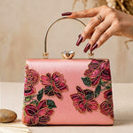Printed Pink Blossom Embellished Handle Clutch
