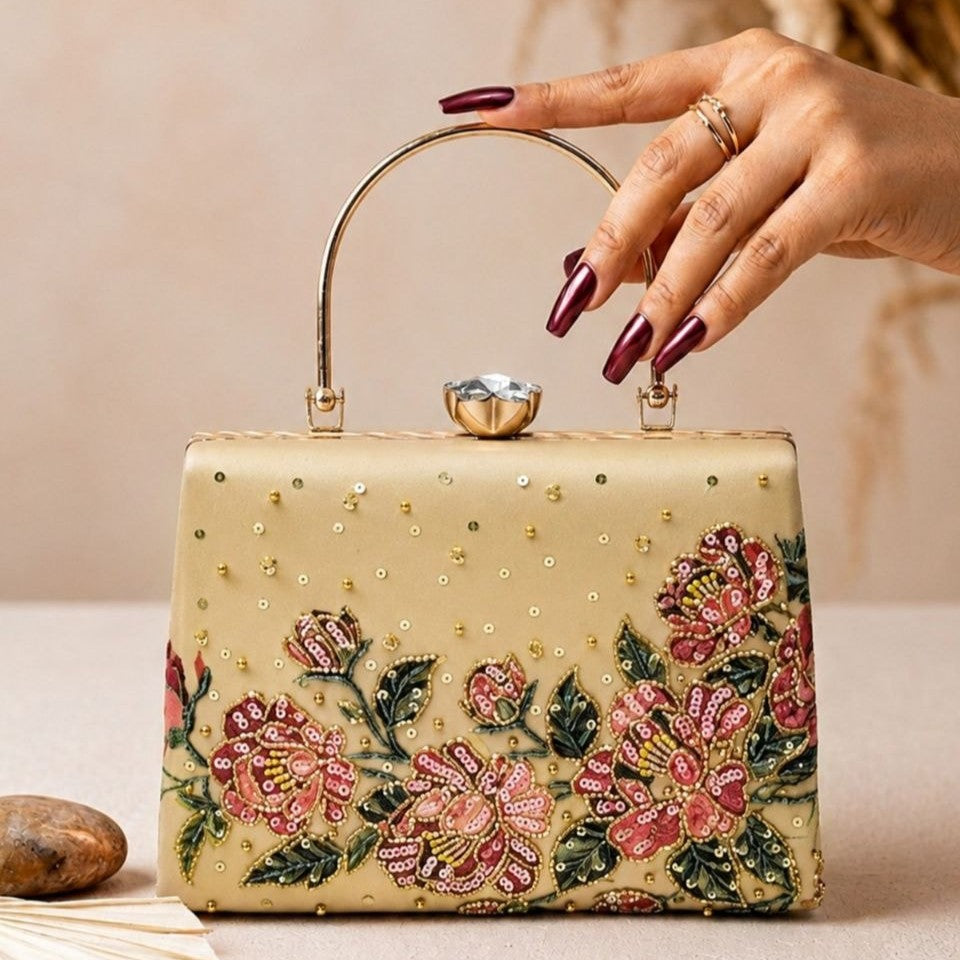 Printed Pink Floral Embellished Handle Clutch