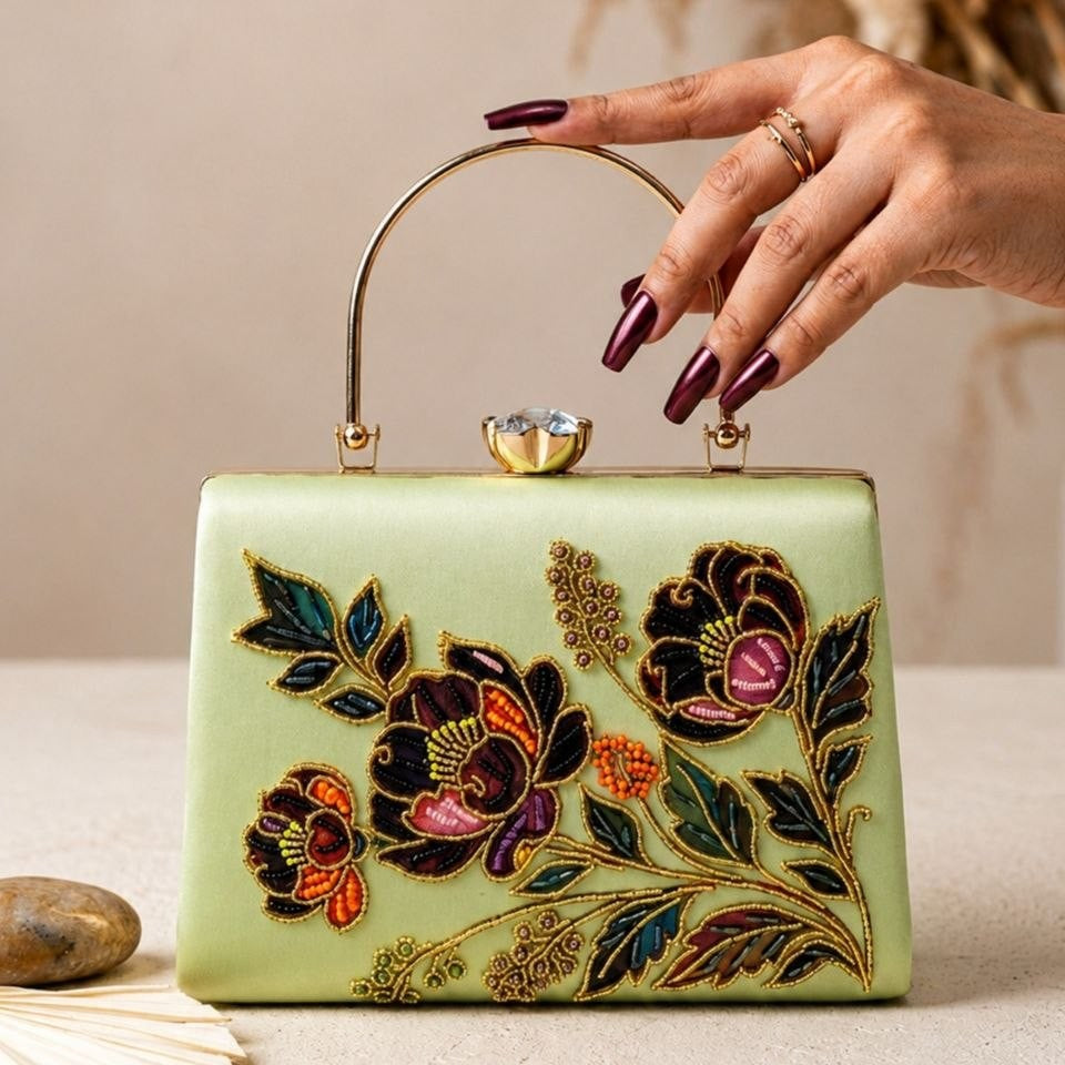 Printed Pistachio Floral Embellished Handle Clutch