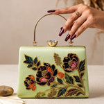 Printed Pistachio Floral Embellished Handle Clutch