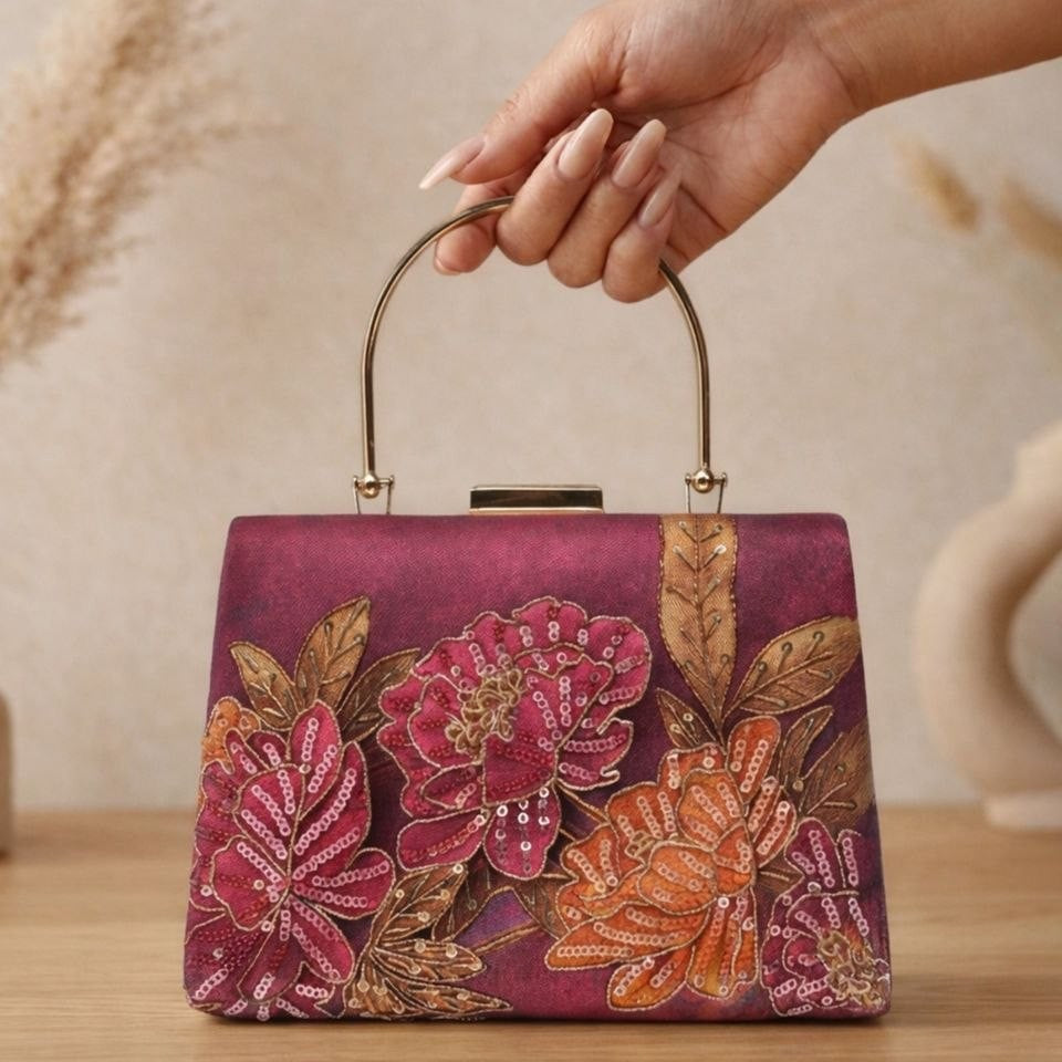 Printed Plum Floral Embellished Handle Clutch
