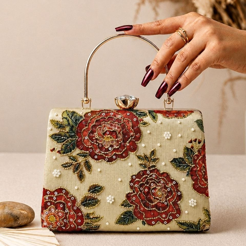 Printed Ruby Floral Embellished Handle Clutch