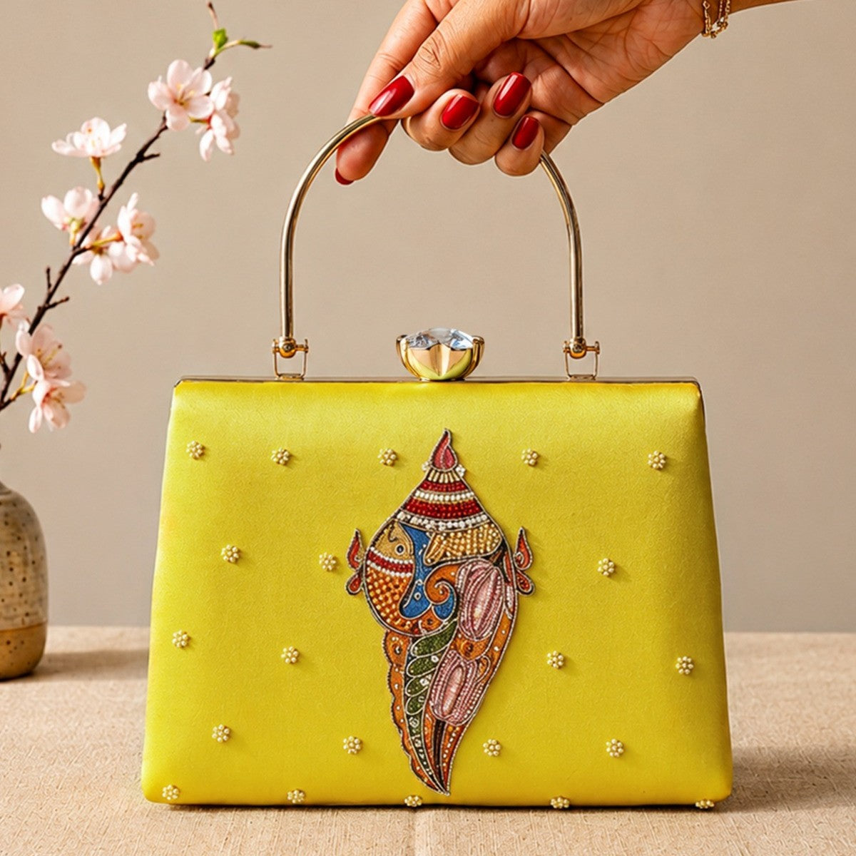 Printed Sacred Conch Embellished Handle Clutch