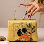 Printed Vintage Lady Embellished Handle Clutch