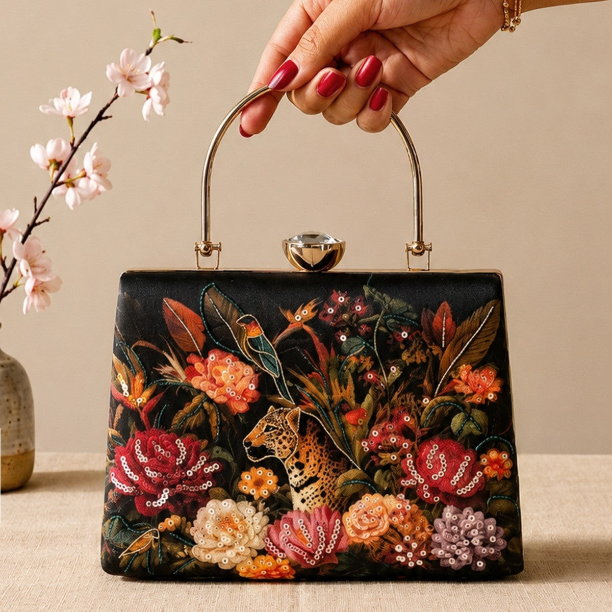 Printed Wild Flora Embellished Handle Clutch