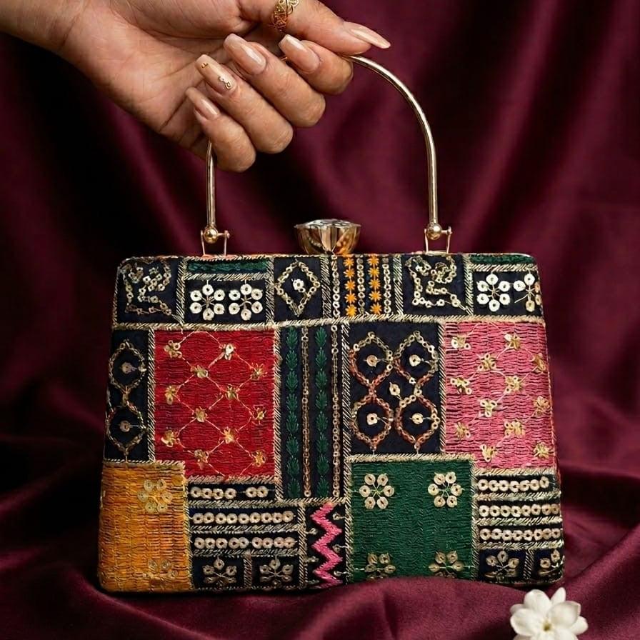 Rich Hues Embellished Handle Clutch