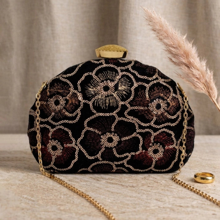 Sequins Embroidery DShape Clutch