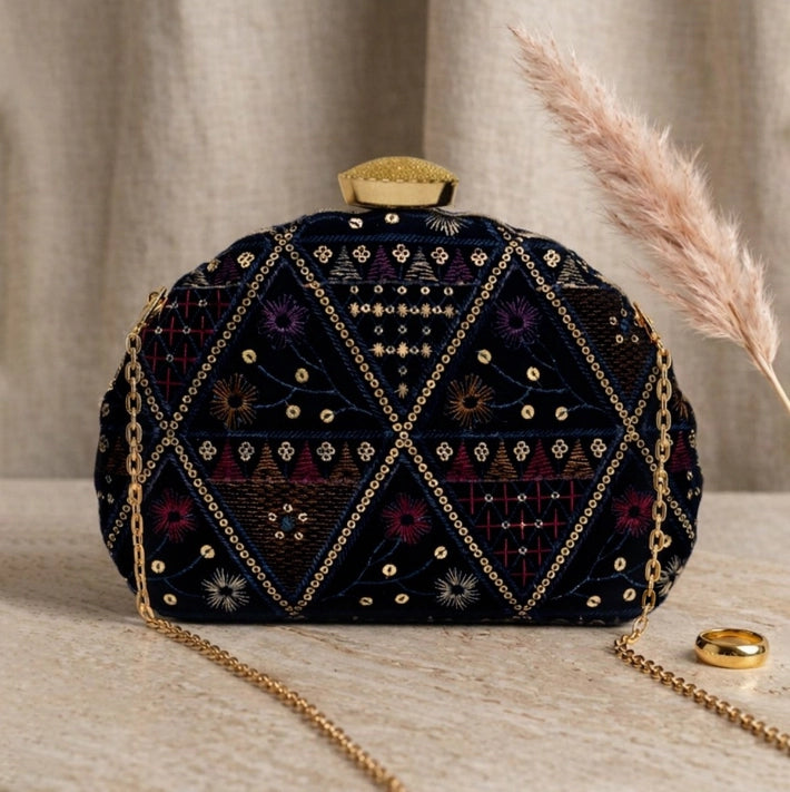Sequins Embroidery DShape Clutch