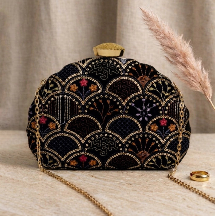 Sequins Embroidery DShape Clutch