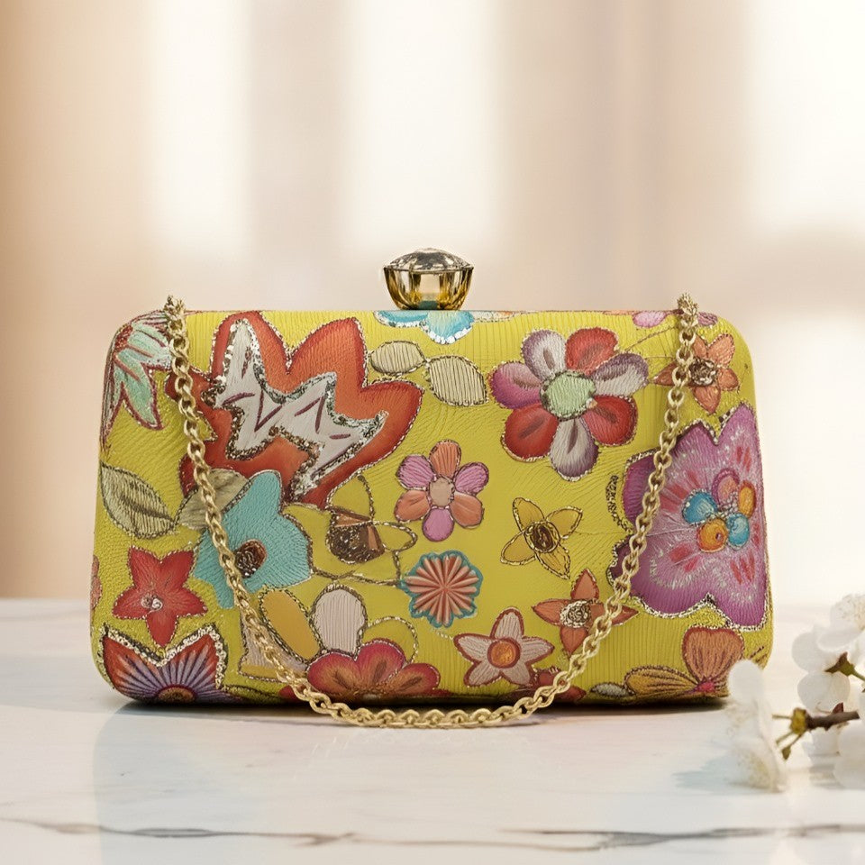 Sunlit Wildflower Embroidered Designer Clutch with Floral Pattern for Wedding, Party and Festive Wear