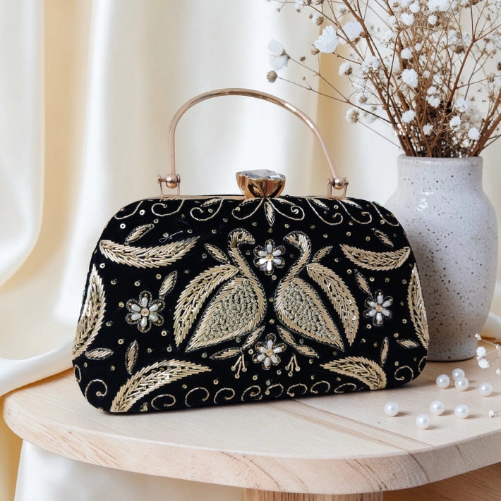 Swan Embroidery Handle Clutch