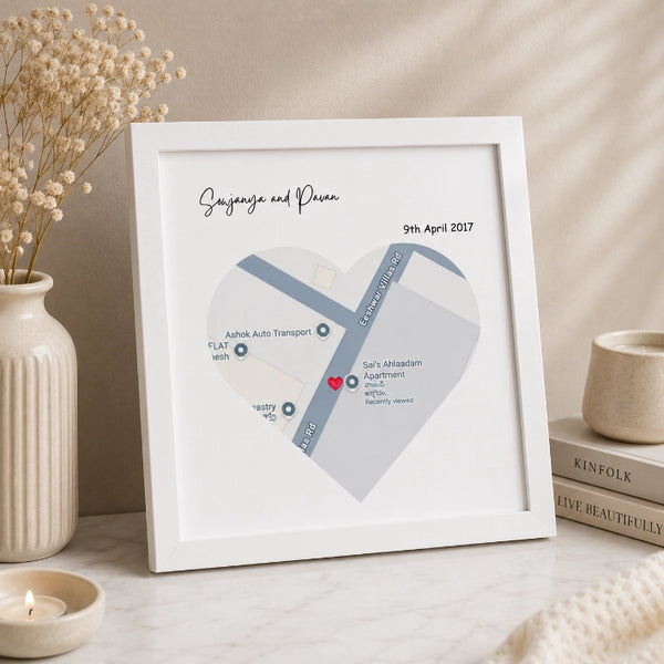The Beginning of Us personalized heart map frame with custom names, special date and location in an 8x8 white photo frame – unique anniversary and couple gift.