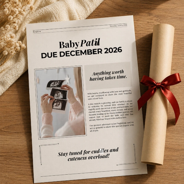 Personalized pregnancy announcement newspaper print featuring ultrasound image due date and custom baby reveal message.