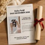 Personalized pregnancy announcement newspaper print featuring ultrasound image due date and custom baby reveal message.