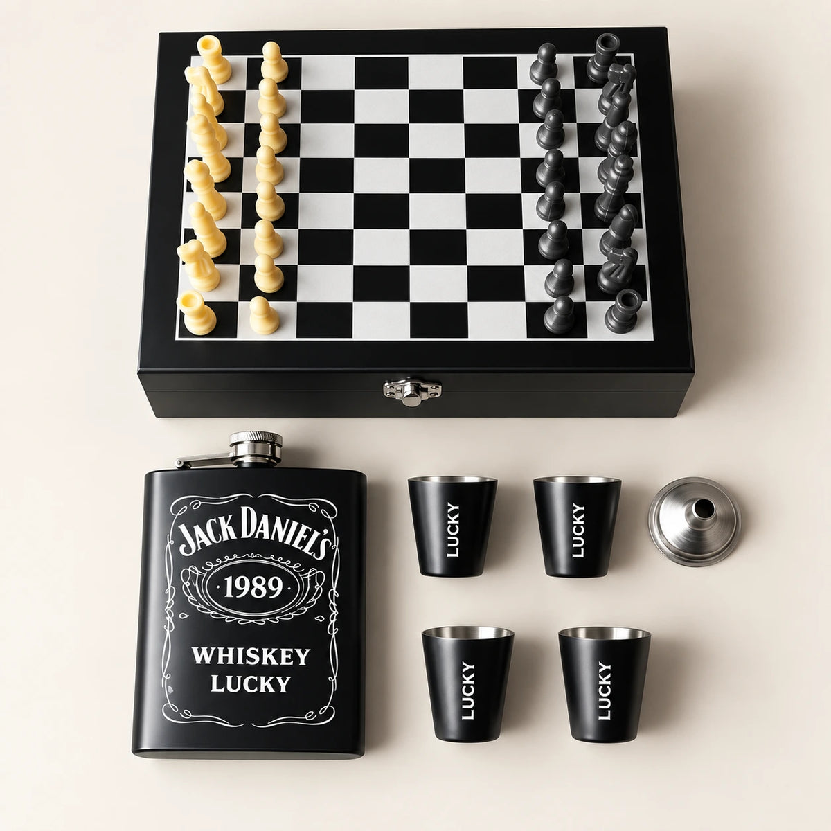 The Classic Gentleman Chess Gift Set featuring a personalized black flask, matching shot glasses and chess set arranged in a premium wooden presentation box.