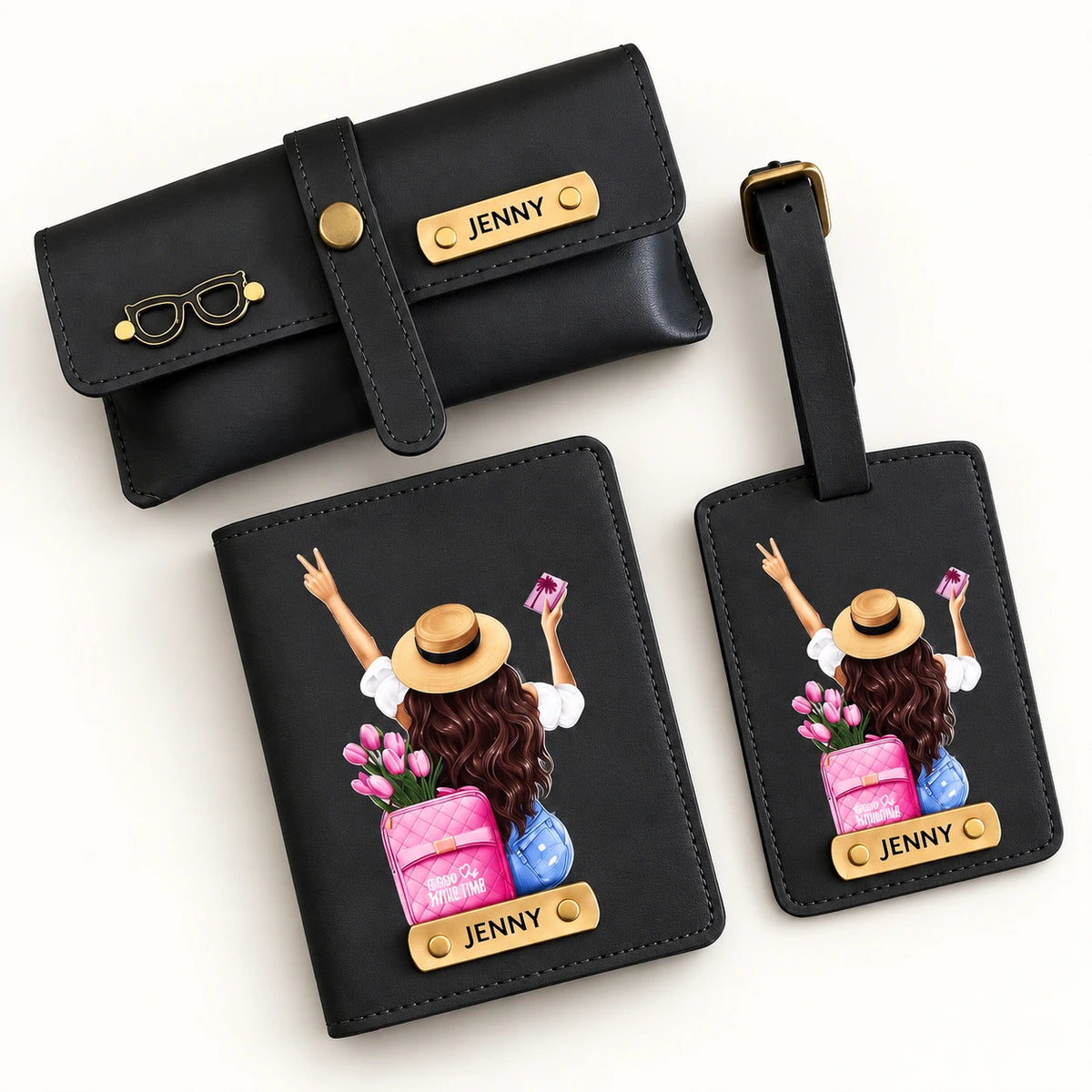 Black color Personalized travel set with travel pouch, passport holder and luggage tag featuring custom name detailing
