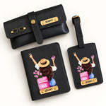 Black color Personalized travel set with travel pouch, passport holder and luggage tag featuring custom name detailing