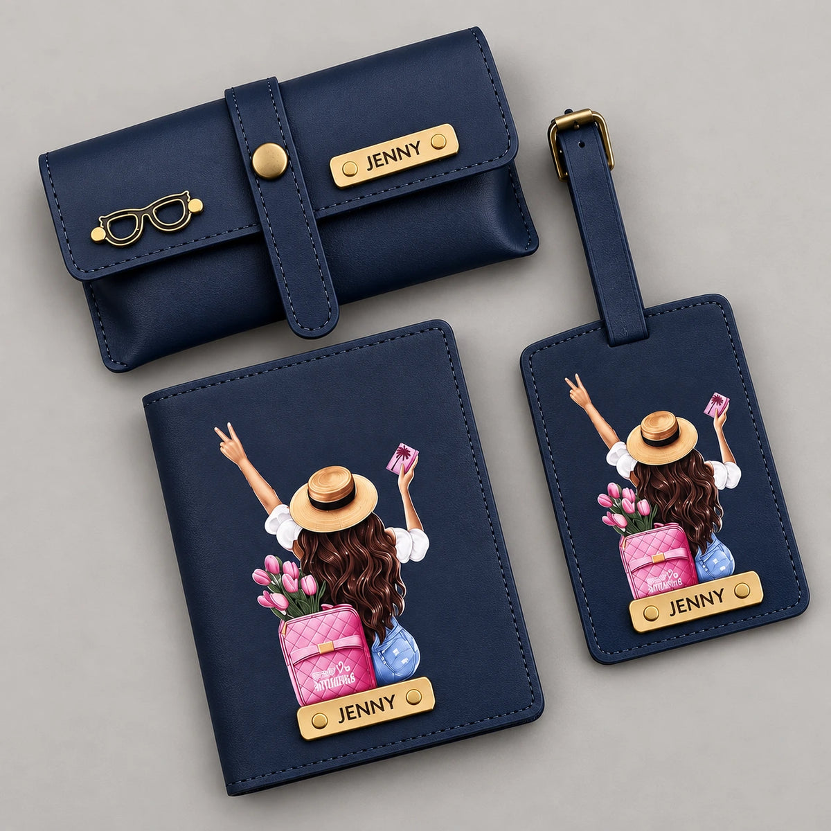 navy blue color Personalized travel set with travel pouch, passport holder and luggage tag featuring custom name detailing