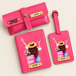 Pink color Personalized travel set with travel pouch, passport holder and luggage tag featuring custom name detailing