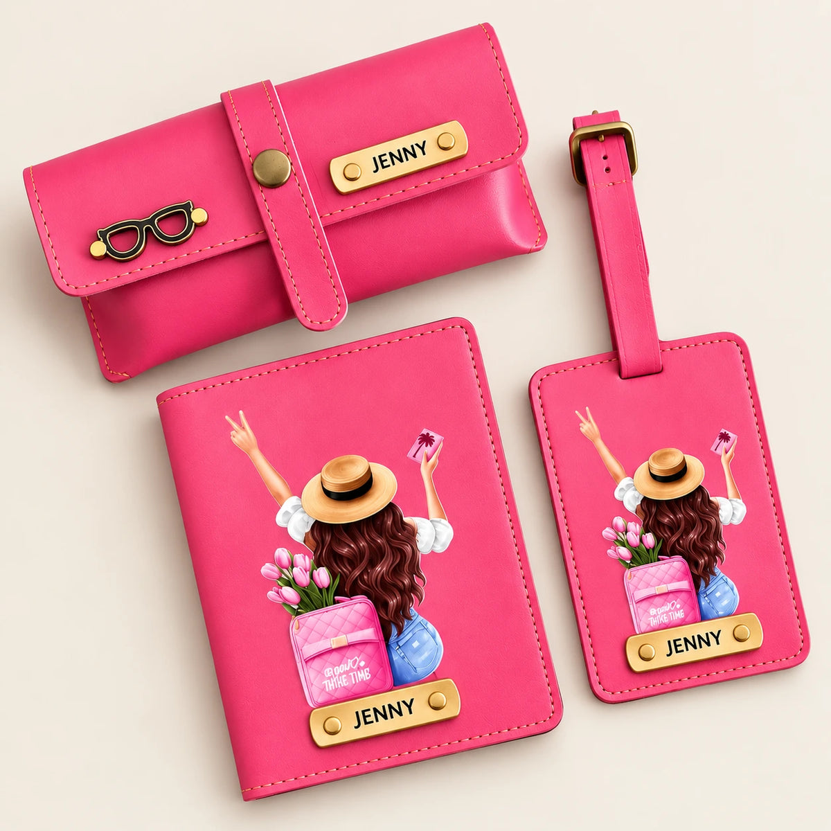 Pink color Personalized travel set with travel pouch, passport holder and luggage tag featuring custom name detailing