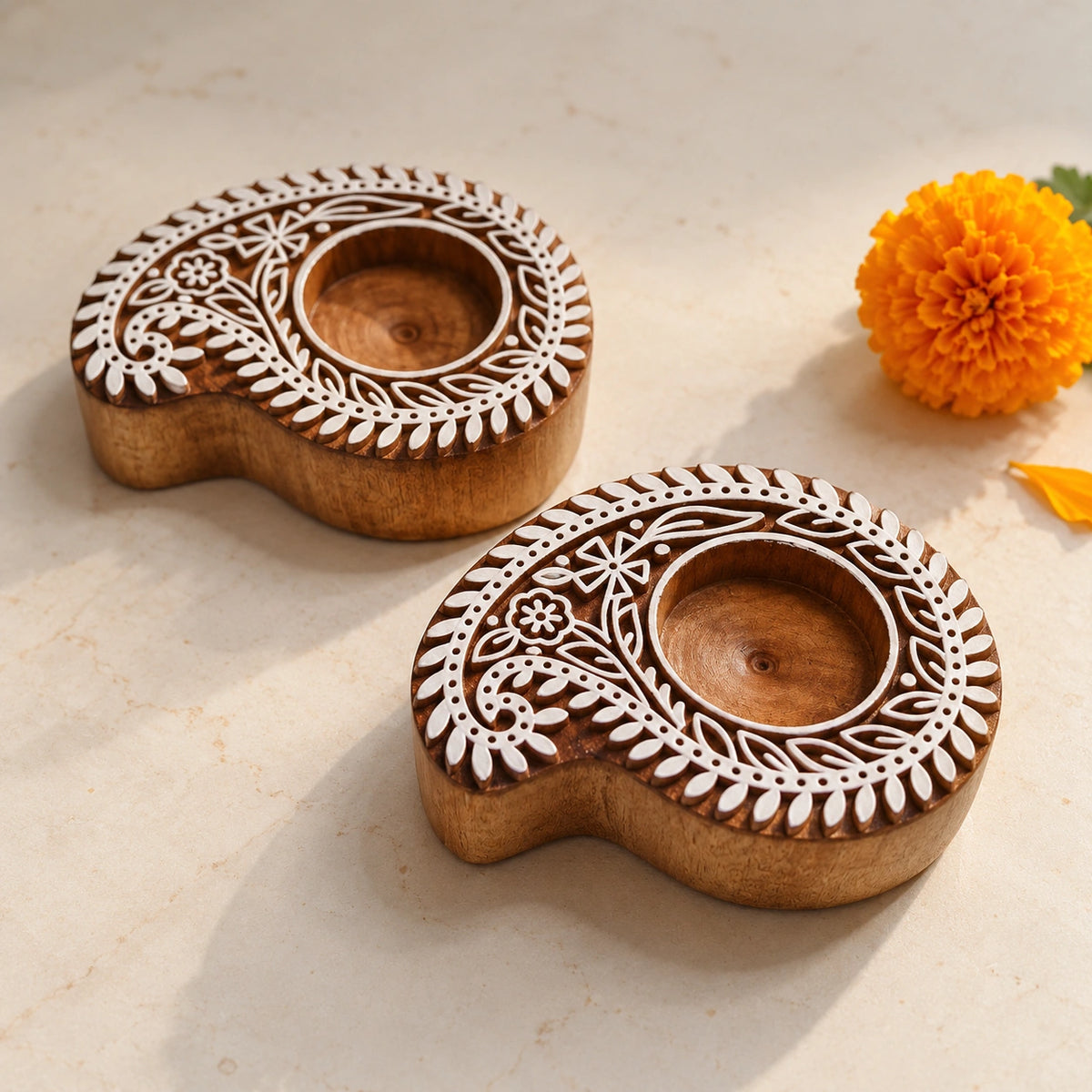 Vanya carved wooden tea light holder with intricate floral design for festive gifting and home decor