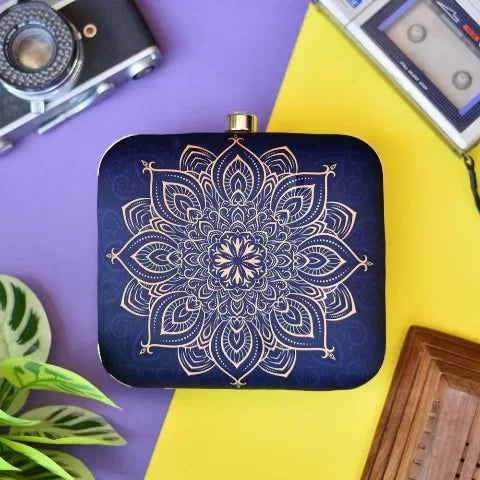 GoldenBlue Mandala Printed Clutch