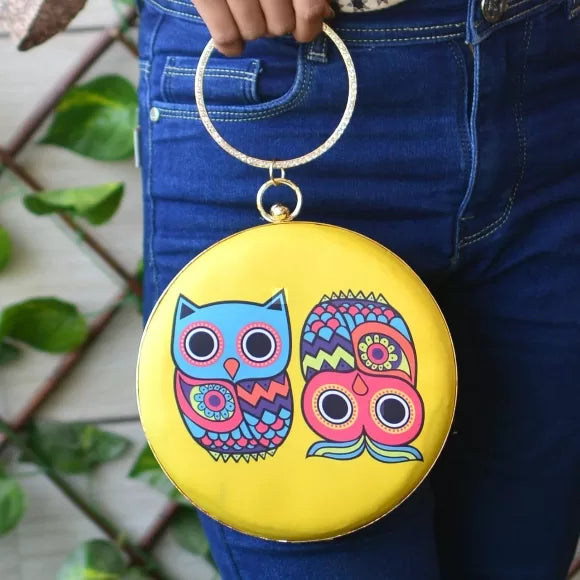 Owl Print Round Clutch