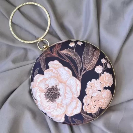 Floral Black Round Clutch