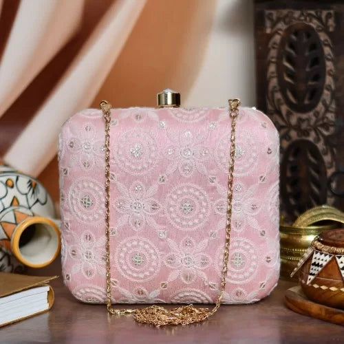Pink Chikankari Square Clutch