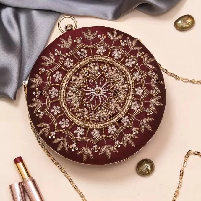 Golden Embroidery Round Clutch bag