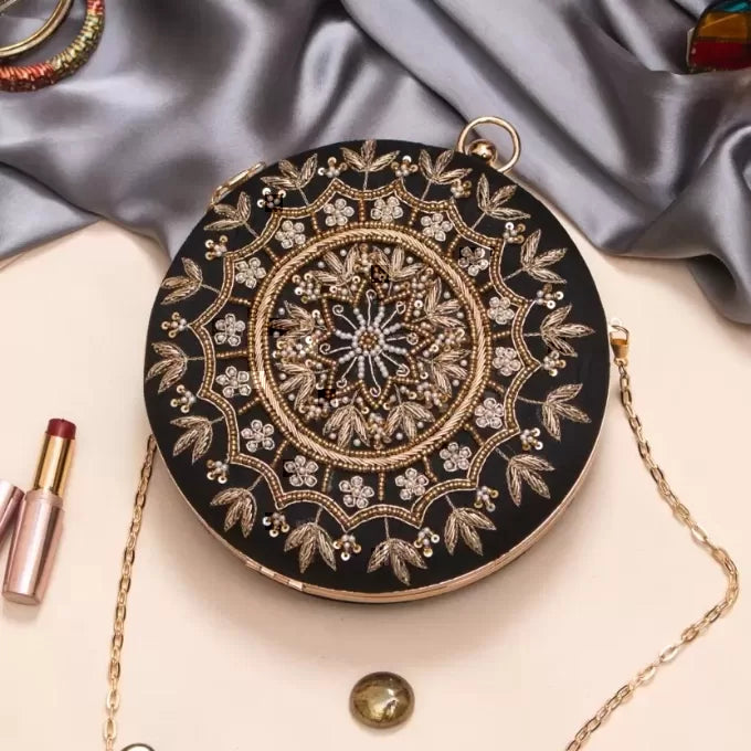 Golden Embroidery Round Clutch bag
