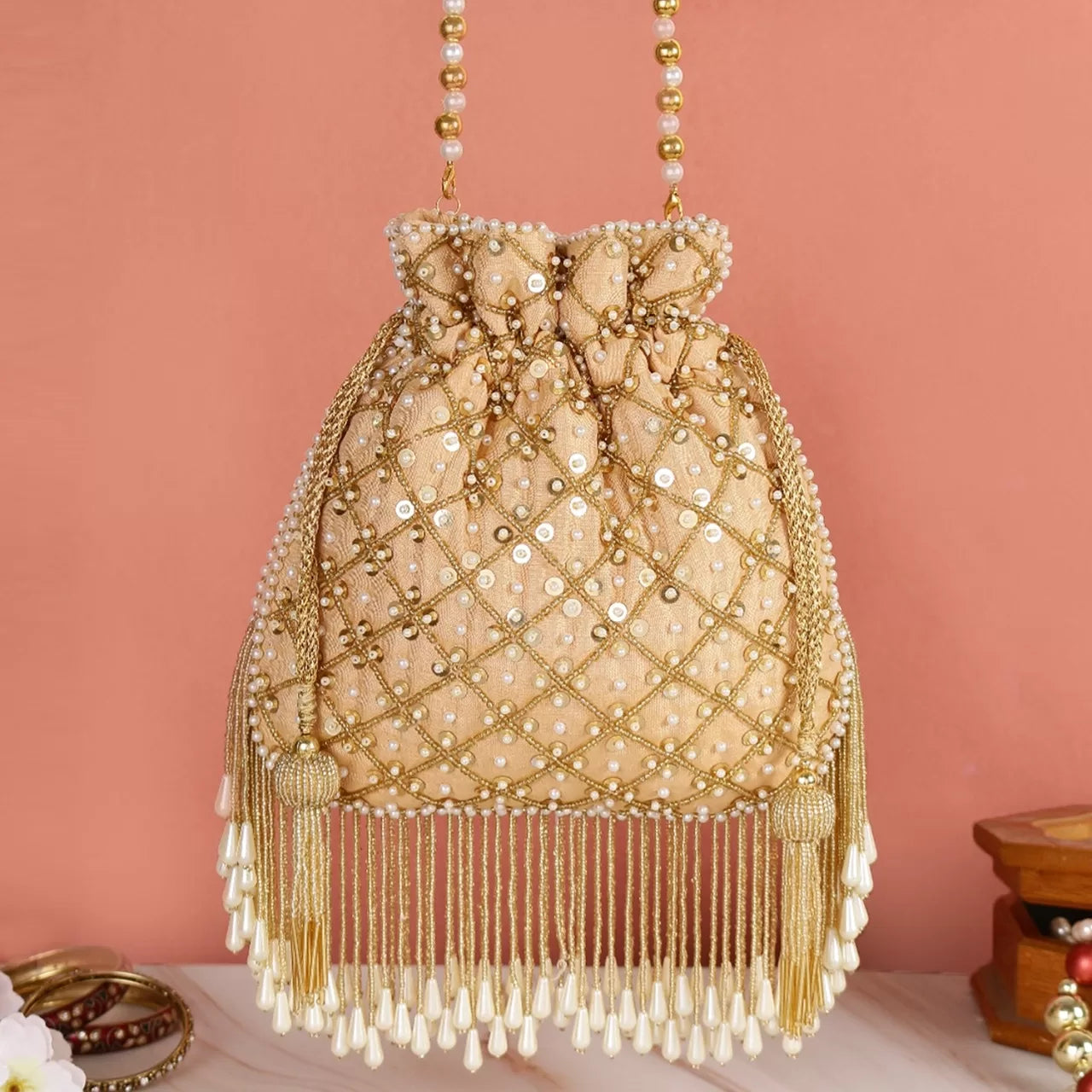 Golden Checks Tassel Potli Bag