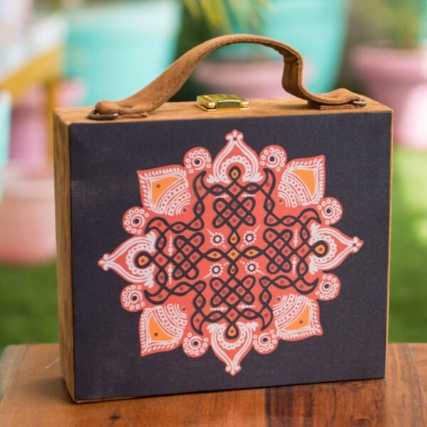 Black Kolam Suitcase Style Clutch on the mdf with matte print