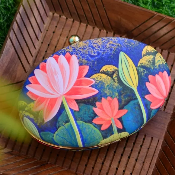 Lotus Print Oval Clutch