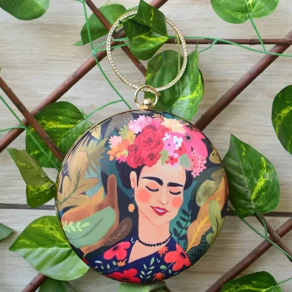 Frida Kahlo Art Round Clutch with bangle handle