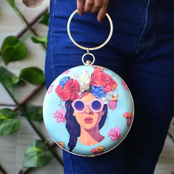 Girl Pop art Round Clutch with bangle handle