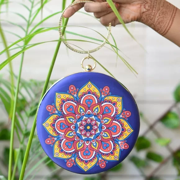 Blue Mandala Round Clutch with Bangle handle