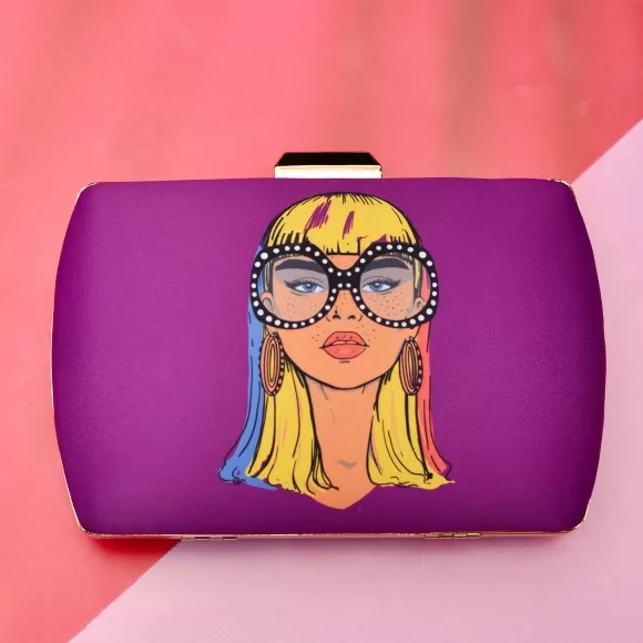 Lavender Rectangular Printed Clutch with girl spects