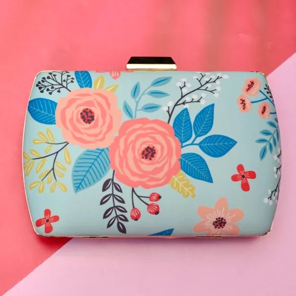 Floral Rectangular Printed Clutch on blue background