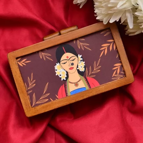 Lady Print Wooden Clutch